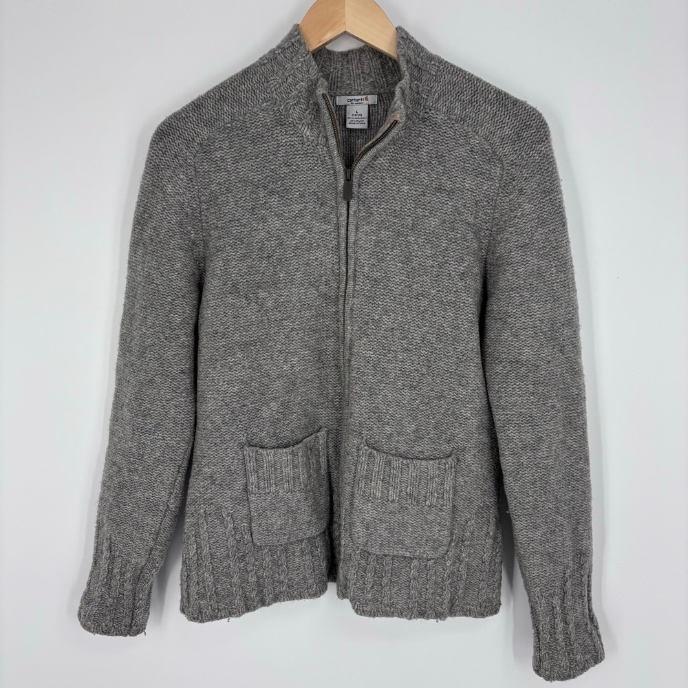 Carhartt Hanson Lambswool Full Zip Sweater Womens L Gray Mock Neck Patch Pockets